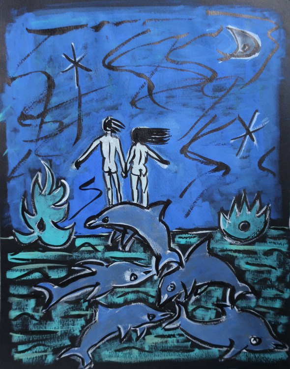 dolphins 2020 gouache &amp; chinese ink on black canson 32,5 x 25 cm